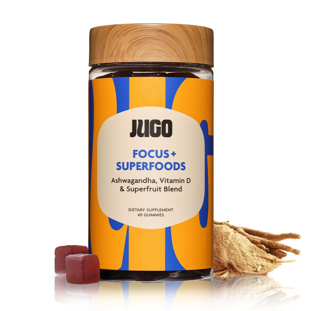 Hero image: JUGO Focus + SUPERFOODS bottle featuring ashwagandha gummies