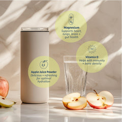 Close-up of ingredients including apple juice powder, magnesium citrate, and vitamin D