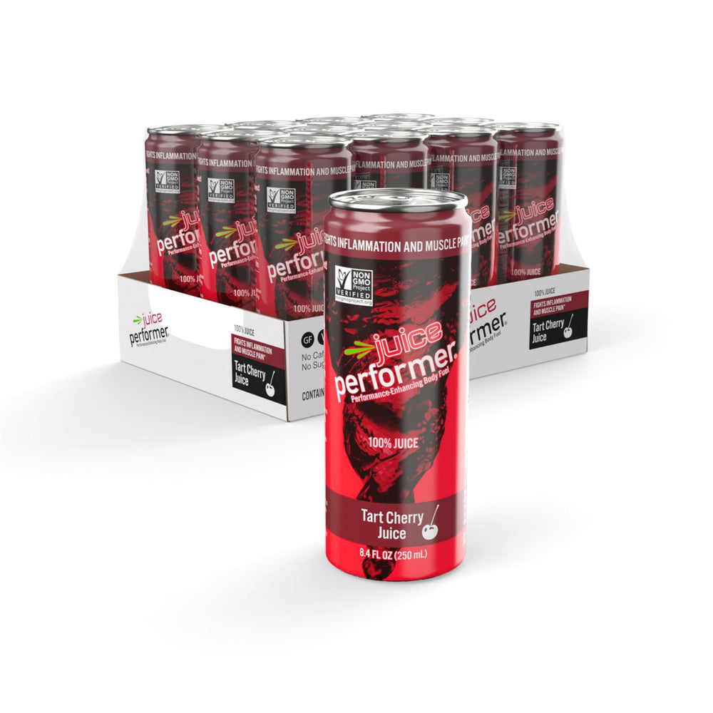 Juice Performer Tart Cherry Juice bottle shows 100% juice for post-workout recovery.
