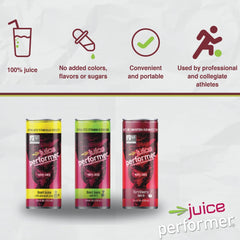 Juice Performer Tart Cherry Label Detail reveals 60+ tart cherries per can.