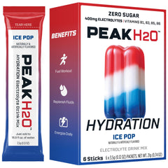 Juicy Mixes PeakH2O packets pour into water for workout hydration.