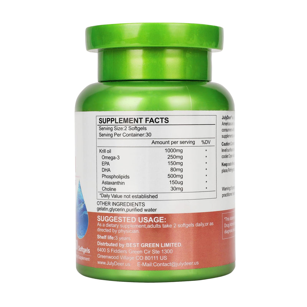 Product bottle and label shown for JulyDeer Antarctic Krill Oil
