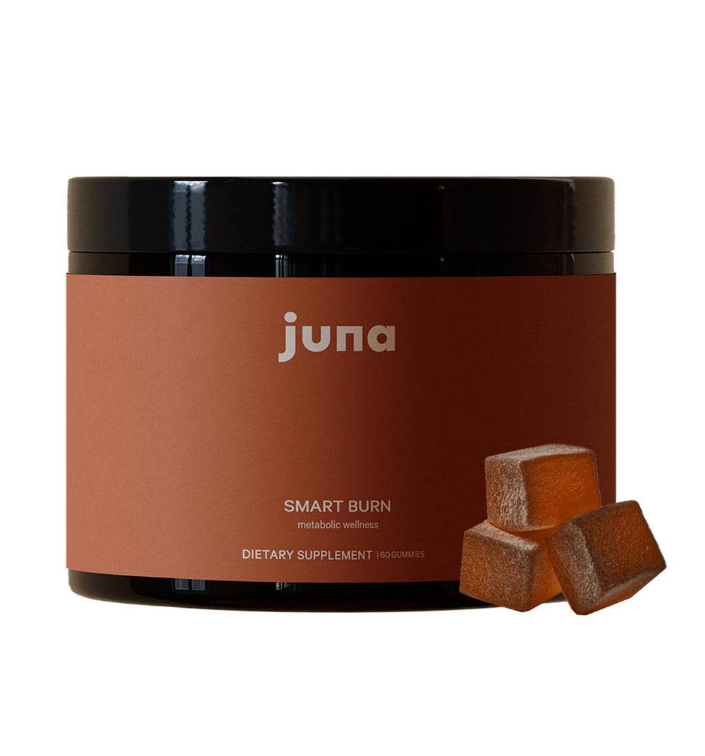 Juna Smart Burn bottle and gummies displayed for convenient daily metabolism support.