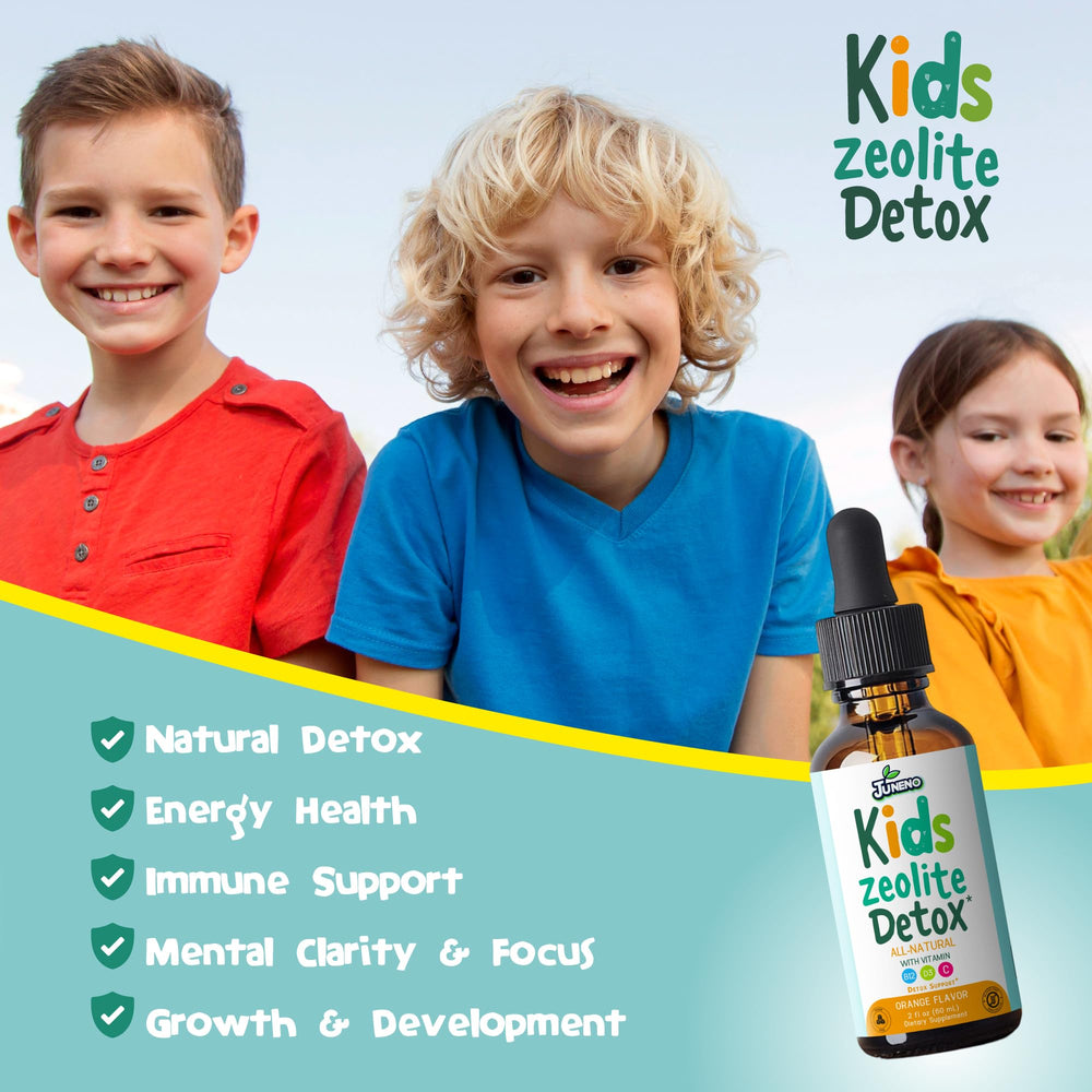 Close-up of Juneno Zeolite Detox Drops for Kids bottle
