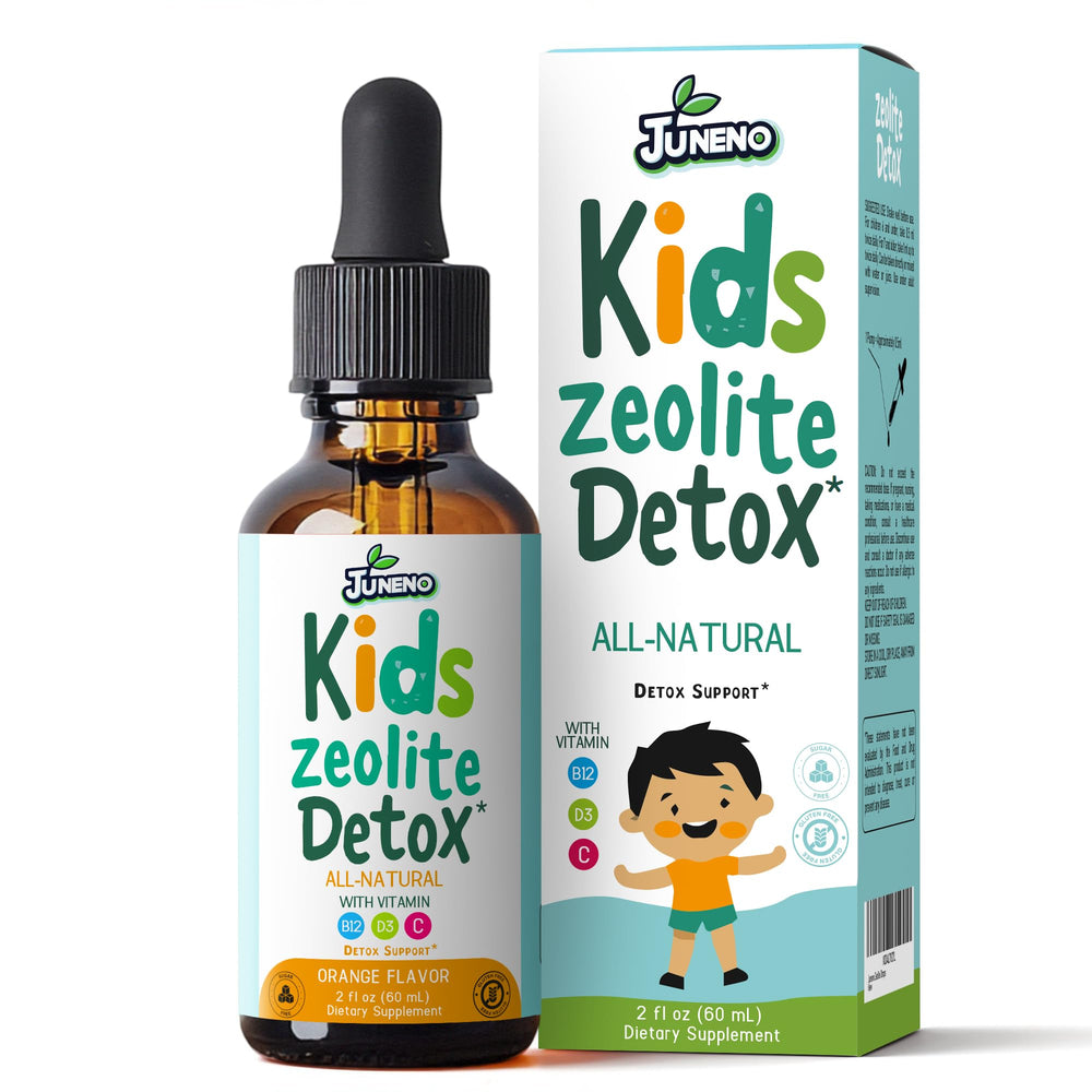 Juneno Zeolite Detox Drops for Kids orange-flavored bottle