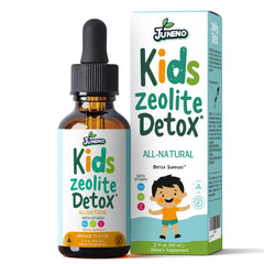 Juneno Zeolite Detox Drops for Kids orange-flavored bottle