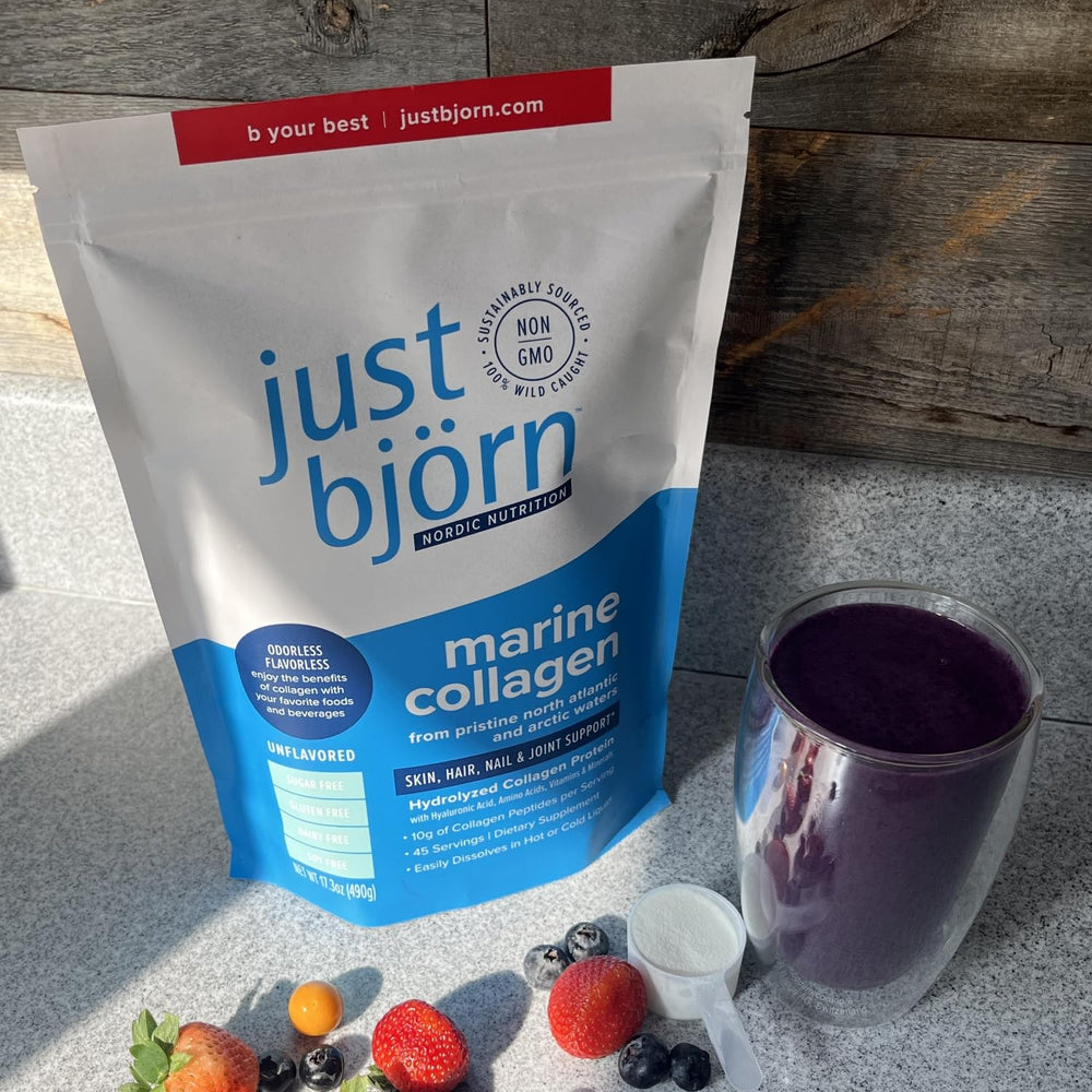 Pouring collagen powder into a smoothie or beverage