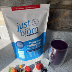 Pouring collagen powder into a smoothie or beverage