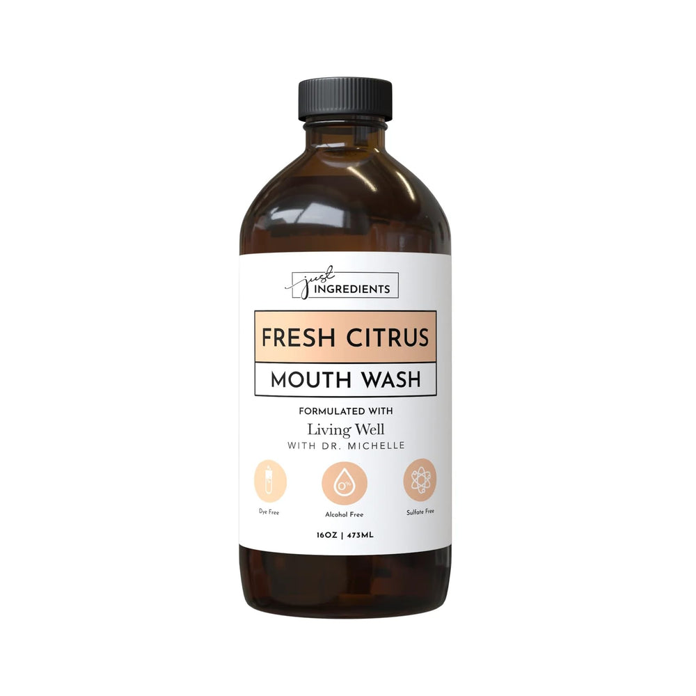 Just Ingredients Fresh Citrus Remineralizing Mouthwash bottle with Hydroxyapatite & Colloidal Silver Formula - Alcohol-Free, Natural & Organic