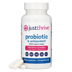 Just Thrive Probiotic & Antioxidant Supplement bottle with label