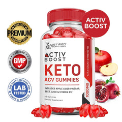 Justified Laboratories ActivBoost Keto ACV gummies with beet juice highlight added color and folate-rich ingredients.