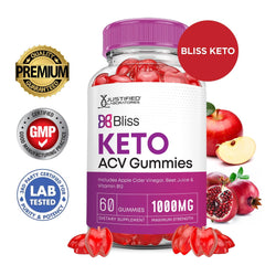 Justified Laboratories Bliss Keto ACV Gummies featuring beet juice powder for natural color.