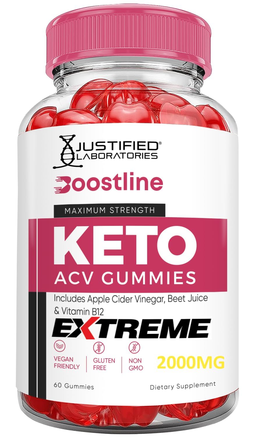 Justified Laboratories Boostline Keto ACV Gummies label emphasizes vegan, non-GMO formulation.