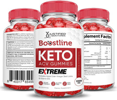 Justified Laboratories Boostline Keto ACV Gummies three-pack box with 180 gummies on display.