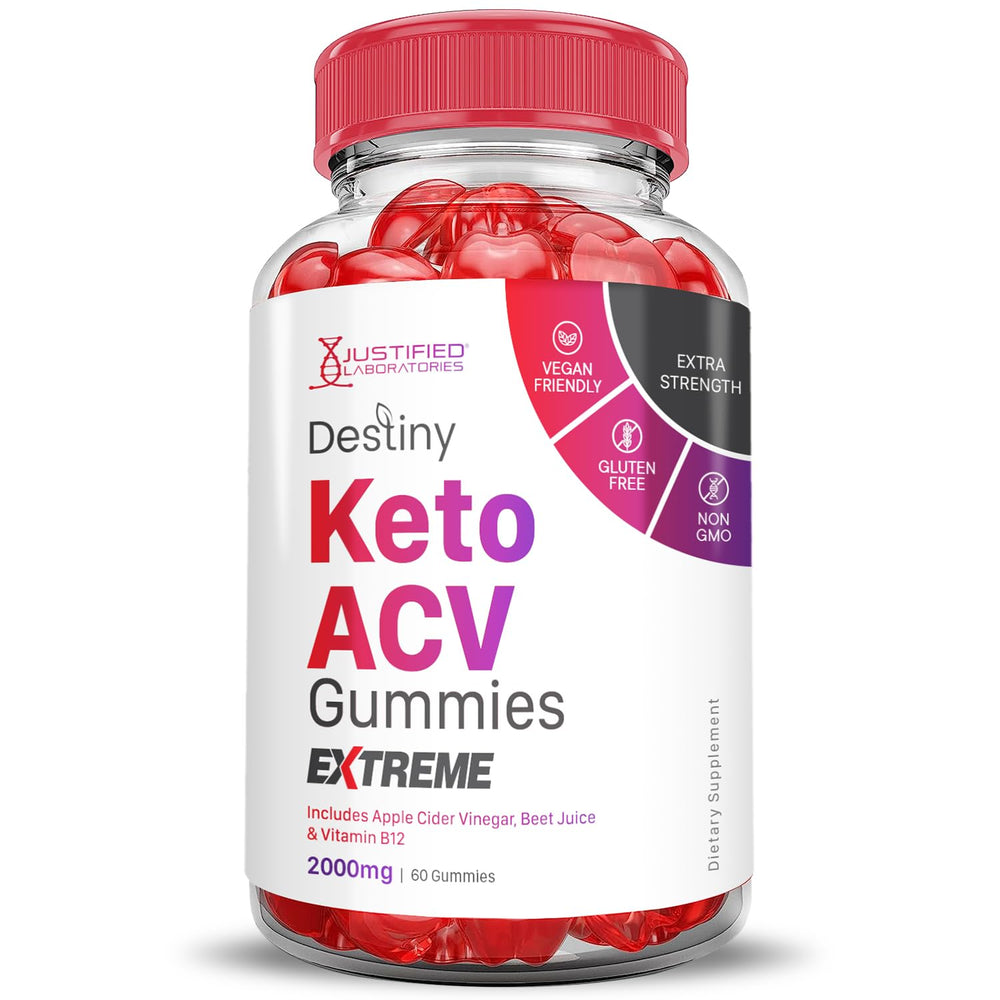 Justified Laboratories Destiny Keto ACV Gummies Beet juice infusion details in supplement imagery.