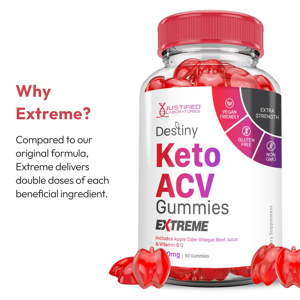 Justified Laboratories Destiny Keto ACV Gummies Extreme packaging highlights quality and safety.