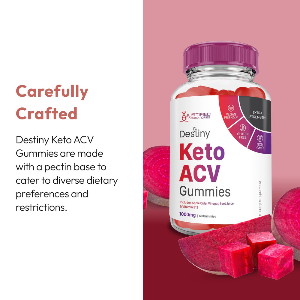 Justified Laboratories Destiny Keto ACV Gummies ingredient plate featuring beet juice and pomegranate