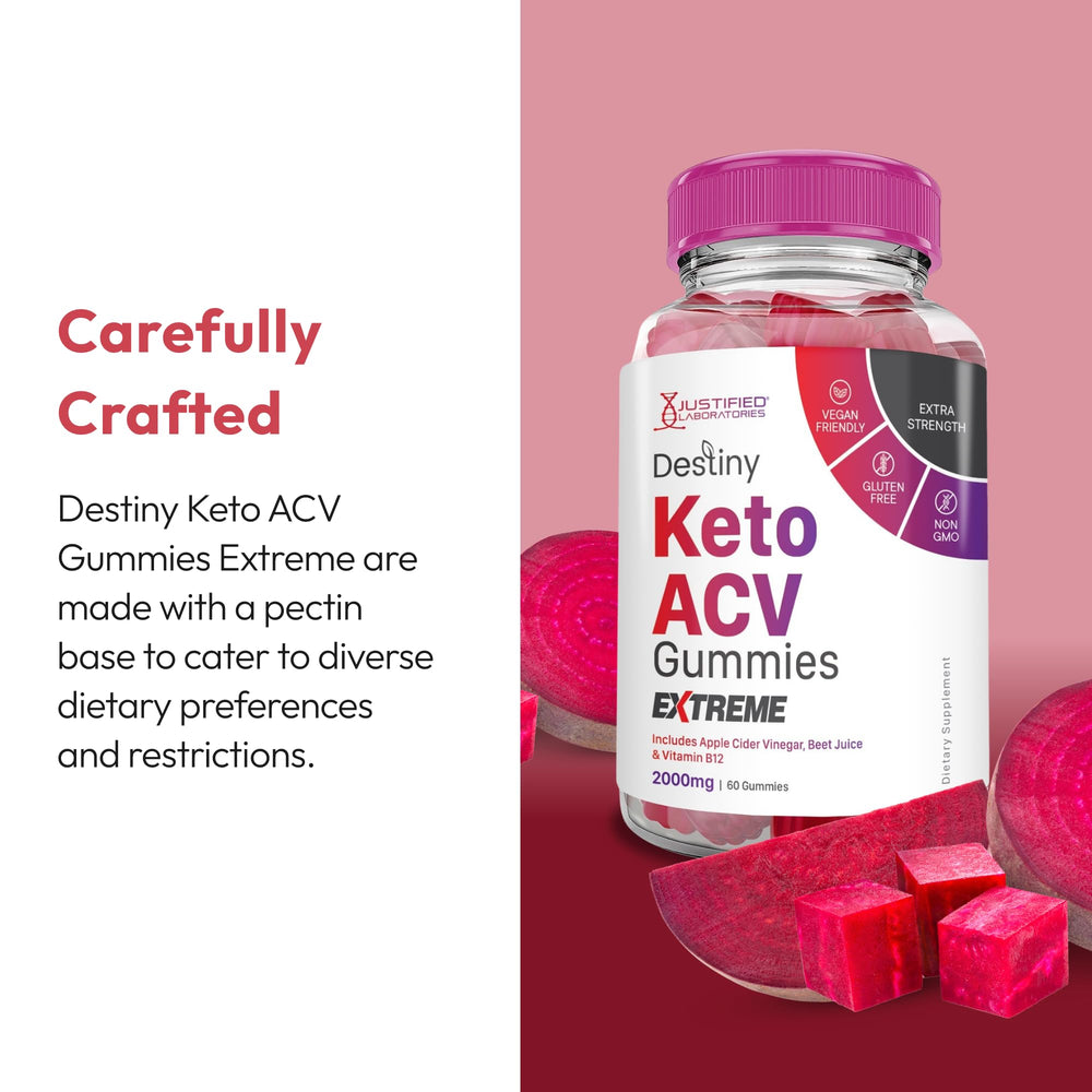 Justified Laboratories Destiny Keto ACV Gummies Vegan non-GMO label in product photo.