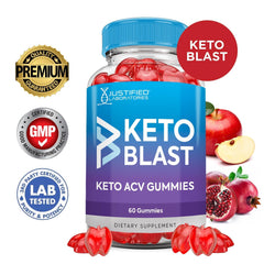 Justified Laboratories Keto Blast ACV Gummies bottle with shine highlights premium vegan, non-GMO formula.