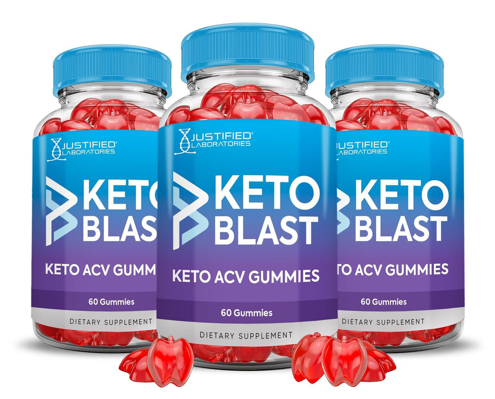 Justified Laboratories Keto Blast ACV Gummies pack front shows three bottles for easy daily use.