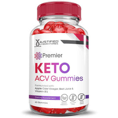 Justified Laboratories Premier Keto ACV gummies ingredient image emphasizes B12 and folate benefits.