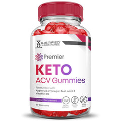 Justified Laboratories Premier Keto ACV Gummies label shows gluten-free and gelatin-free claim.