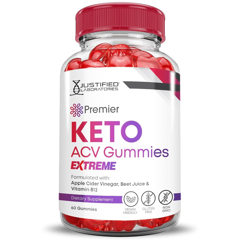 Justified Laboratories Premier Keto ACV Gummies with pomegranate beet juice powder for vibrant flavor.