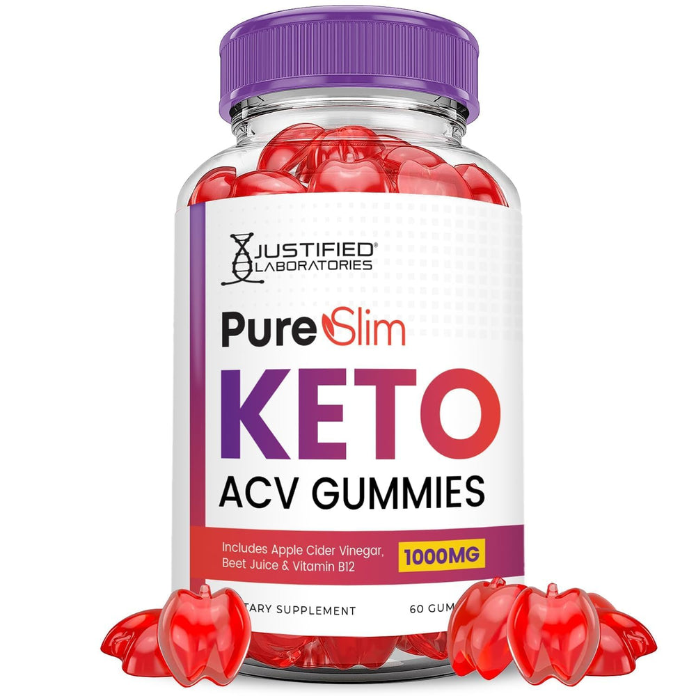 Justified Laboratories Pure Slim Keto ACV Gummies bottle close-up showing chewy texture and color.