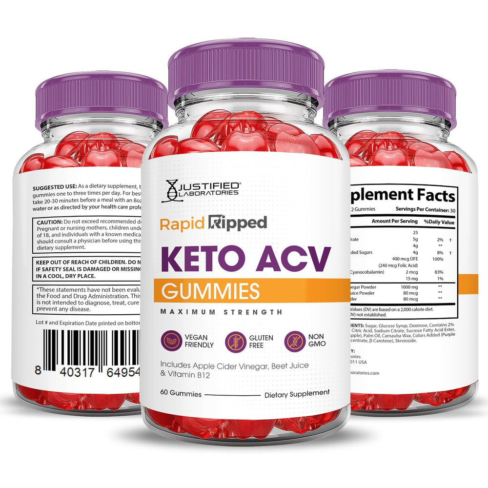 Justified Laboratories Rapid Ripped Keto ACV Gummies vegan gel-free texture highlight pectin base.