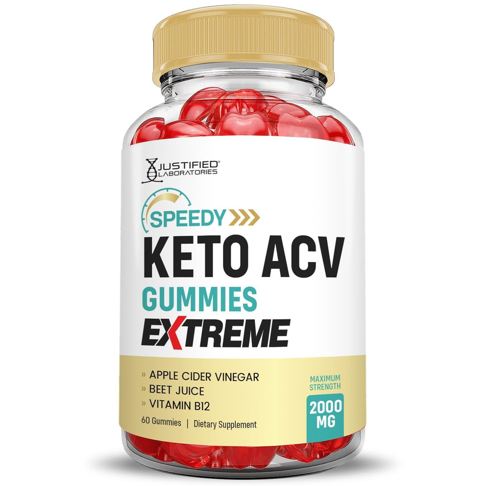 Justified Laboratories Speedy Keto ACV Gummies graphic with pomegranate beet flavors.