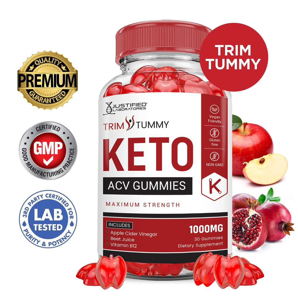 Justified Laboratories Trim Tummy Keto ACV Gummies bottle with beet and pomegranate imagery