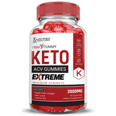 Justified Laboratories Trim Tummy Keto ACV Gummies pomegranate blend close-up highlights flavorful, chewy texture.