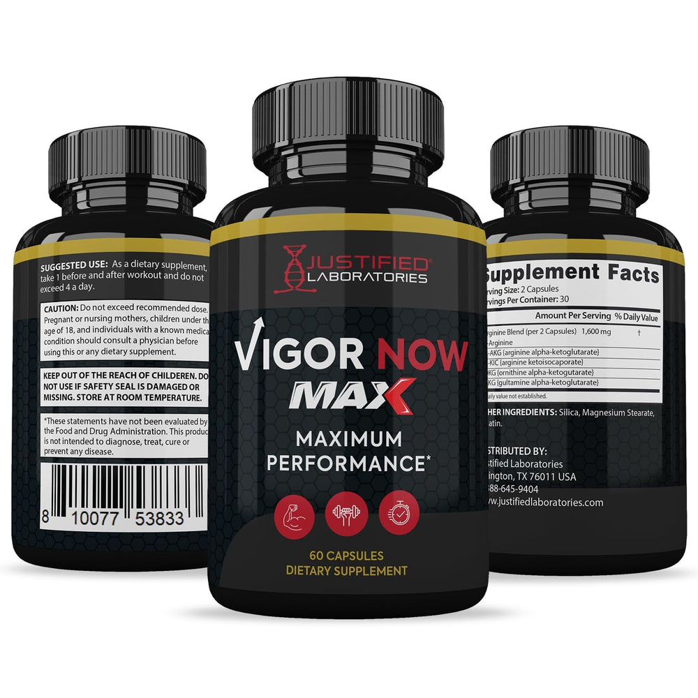 Justified Laboratories Vigor Now Max 1600MG packaging shot, appealing bottle and label design.