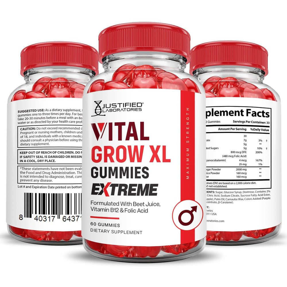 Justified Laboratories Vital Grow XL Extreme vegan non-GMO packaging on display.