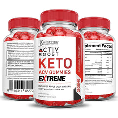 Justified Laboratories Activboost Keto ACV Gummies packaging shows 60-count vegan, gluten-free format.