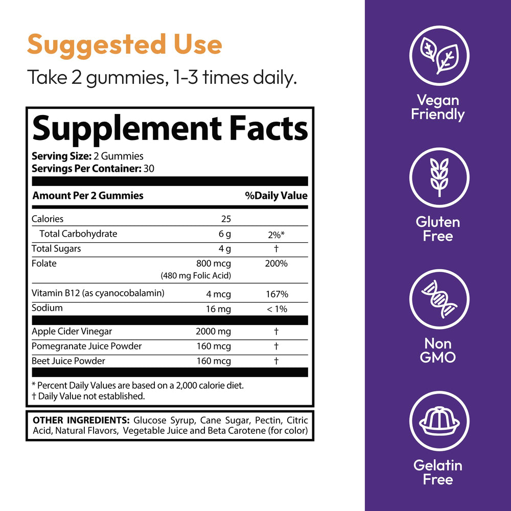Justified Laboratories gummies in a clear container highlighting gluten-free and non-GMO attributes.