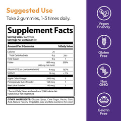 Justified Laboratories gummies in a clear container highlighting gluten-free and non-GMO attributes.