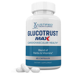 Front view of Justified Laboratories Glucotrust Max bottle