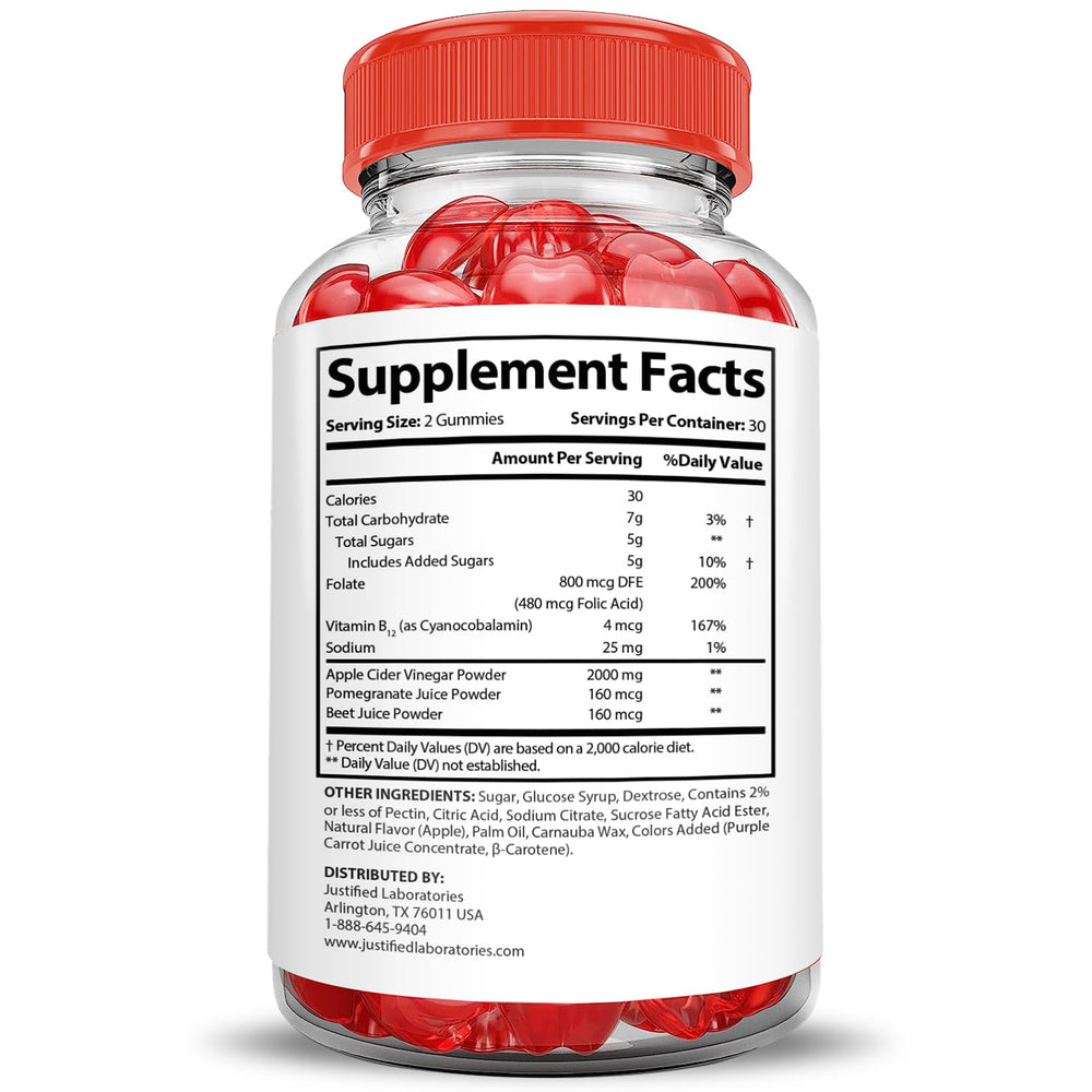 Justified Laboratories ingredient label visible listing ACV, beet, B12 details