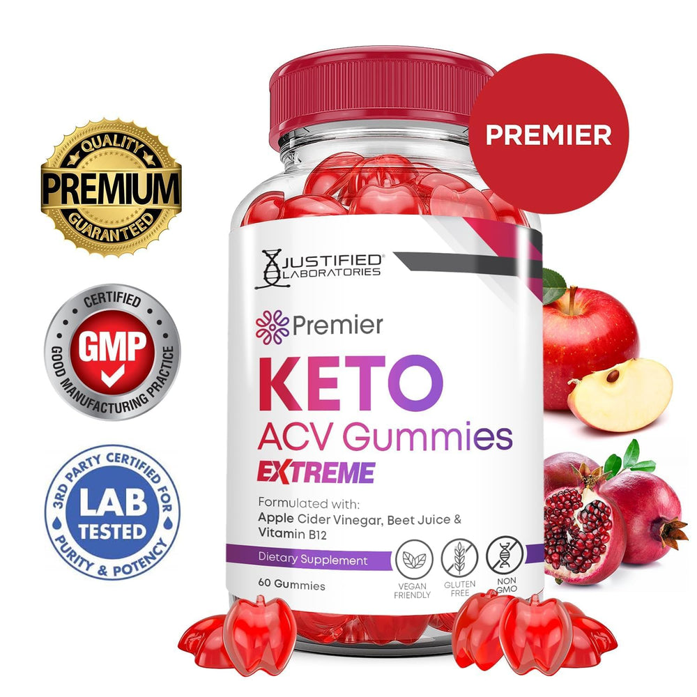 Justified Laboratories Premier Keto ACV Gummies ingredients label highlights beet juice and B12 for vitality.