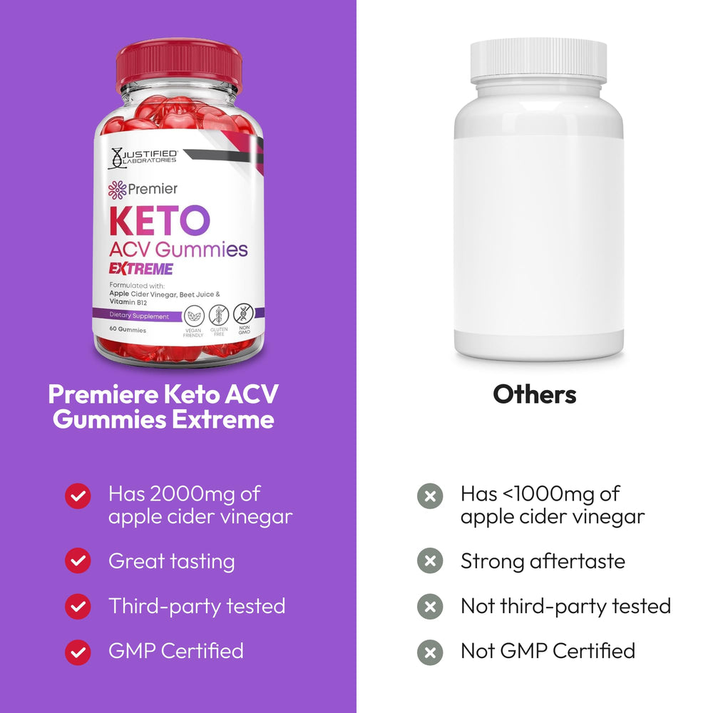 Justified Laboratories Premier Keto ACV Gummies ingredients label highlights beet juice and B12 for vitality.