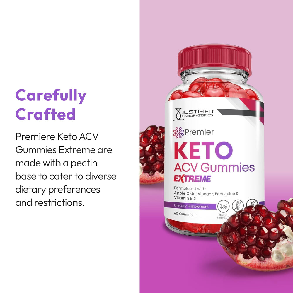 Justified Laboratories Premier Keto ACV Gummies packaging emphasizes vegan, non-GMO, gluten-free, gelatin-free formula.