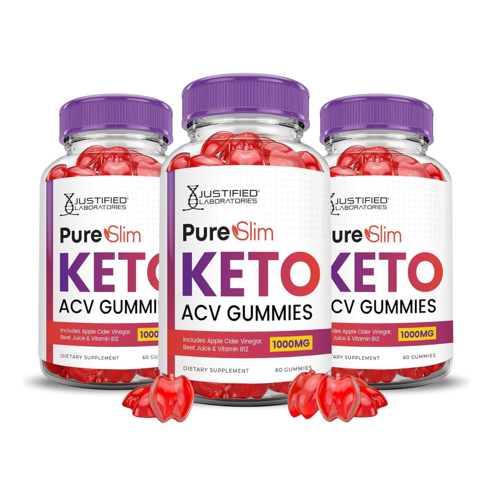 Justified Laboratories Pure Slim Keto ACV Gummies bottle front with three-pack packaging for easy daily use
