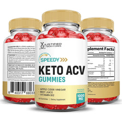 Justified Laboratories Speedy Keto ACV Gummies product image showing gluten-free and plant-based ethics.