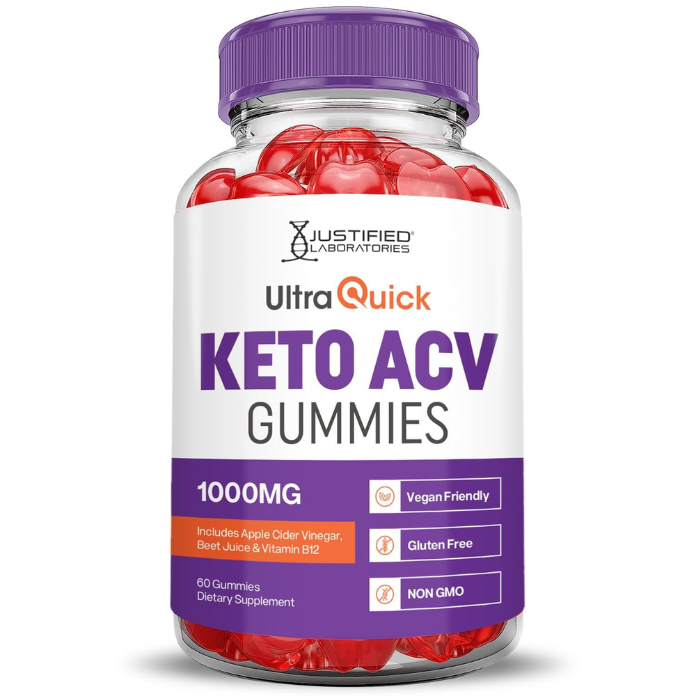 Justified Laboratories Ultra Quick Keto ACV gummies beet and pomegranate imagery suggests nutrient-rich formula.