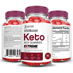 Product pack shot of Justified Laboratories X10 Boost Keto ACV Gummies 60-count