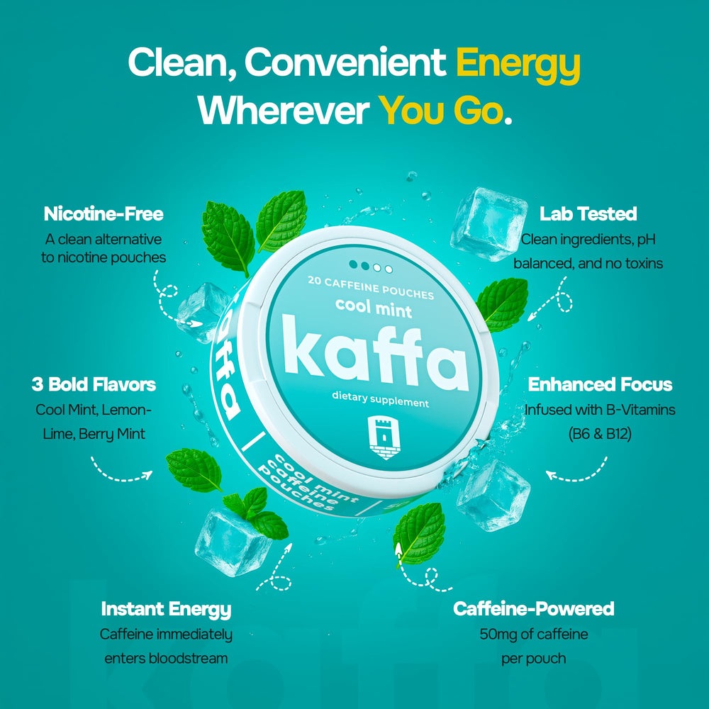 Kaffa Energy pouch closeup highlights 50mg caffeine per pouch