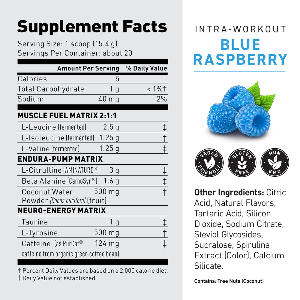 Kaged Intra-Workout Blue Raspberry label and nutrition facts