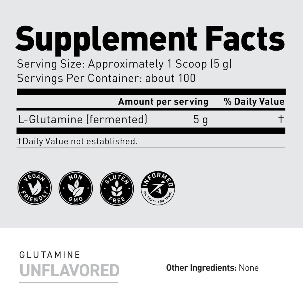 L-Glutamine powder being scooped from a container