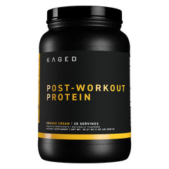 Kaged Post Workout Protein tub in orange cream highlights flavor and recovery potential.